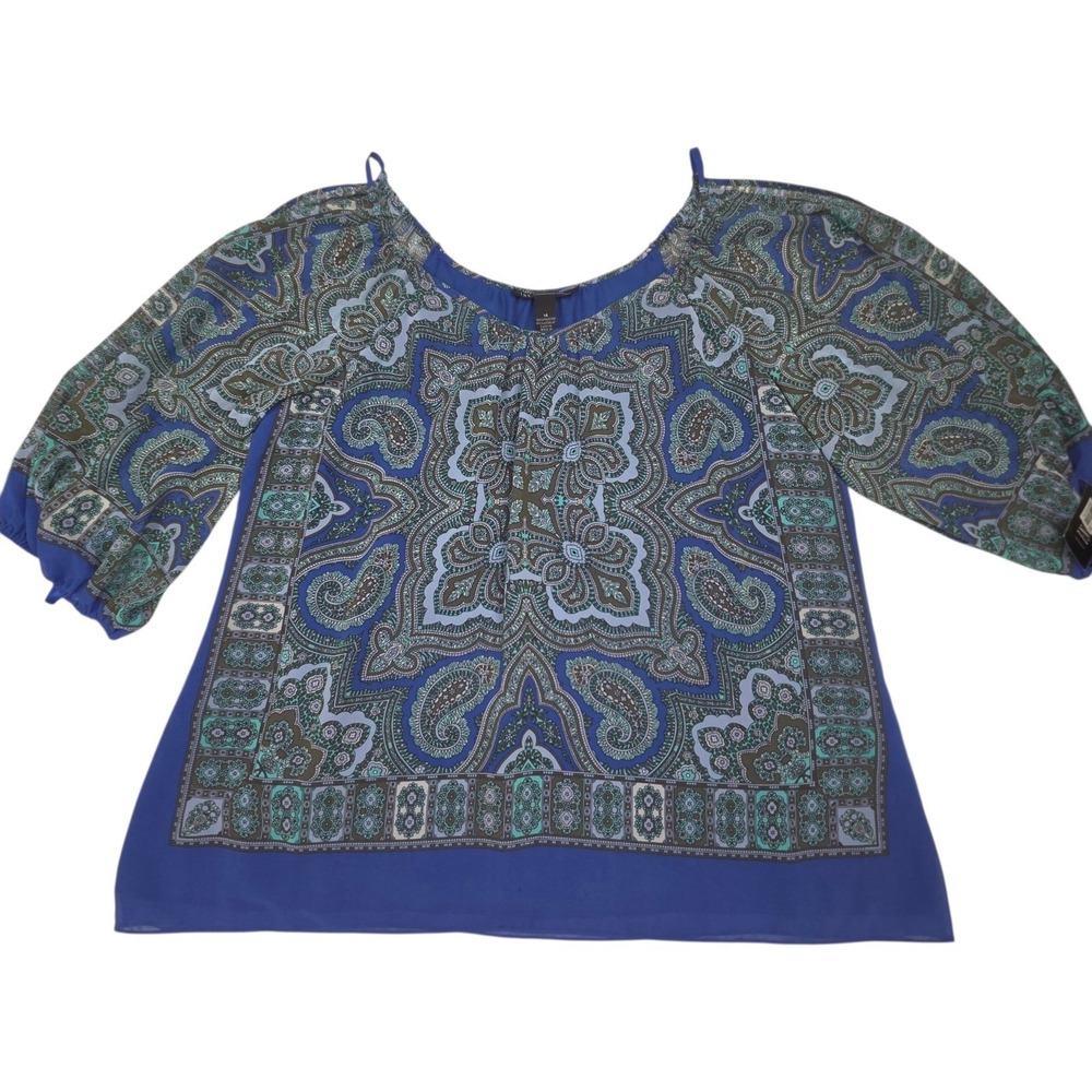 INC Cold Shoulder Blouse Sz 14 Blue Paisley Print Boho Chiffon Top NWT
